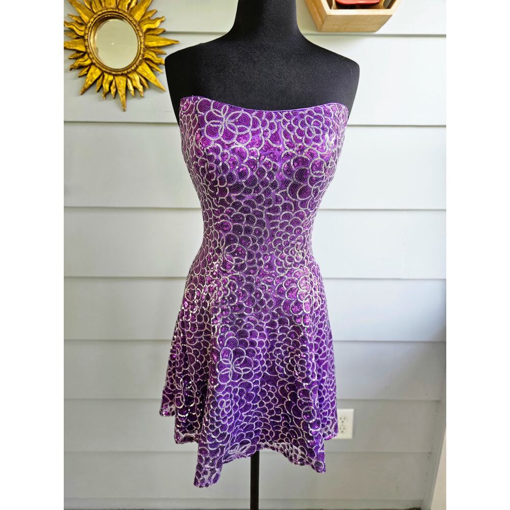 Vintage 90s Purple Sequin Strapless Corset Back Mini Dress Size 6–Y2K Homecoming